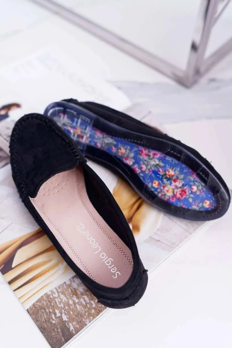 Outlet Mokasyny Damskie Sergio Leone Zamszowe Czarne Winted Damskie Mokasyny Damskie Zamszowe