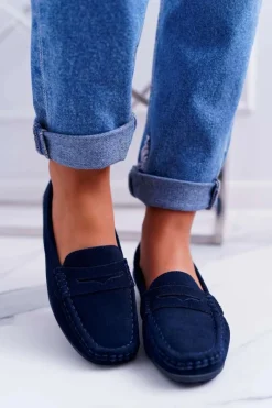 Mokasyny Damskie Zamszowe>Damskie buty S.Barski Mokasyny Damskie Skóra Zamszowa Granatowe Tenzion