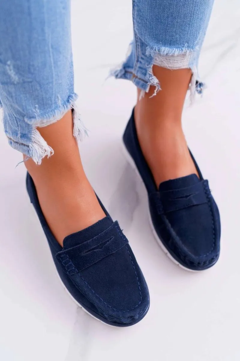 Clearance Damskie buty S.Barski Mokasyny Damskie Skóra Zamszowa Granatowe Lauren