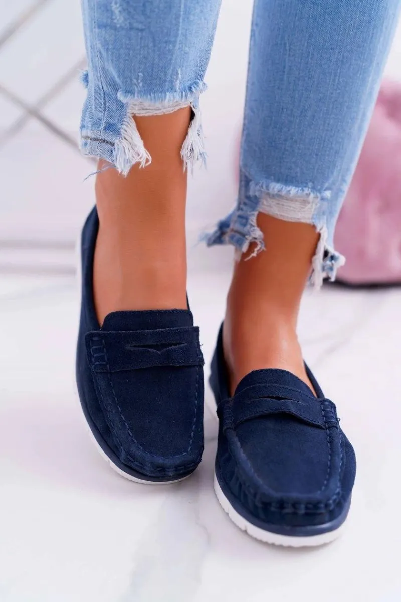 Clearance Damskie buty S.Barski Mokasyny Damskie Skóra Zamszowa Granatowe Lauren