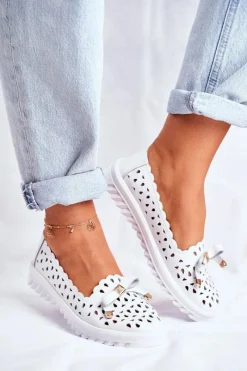 Hot Mokasyny Damskie Skórzane Ażurowe LR71515 Białe Murrieta Damskie Mokasyny Damskie Skórzane