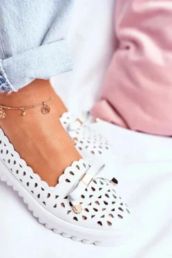 Hot Mokasyny Damskie Skórzane Ażurowe LR71515 Białe Murrieta Damskie Mokasyny Damskie Skórzane