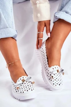 Hot Mokasyny Damskie Skórzane Ażurowe LR71515 Białe Murrieta Damskie Mokasyny Damskie Skórzane