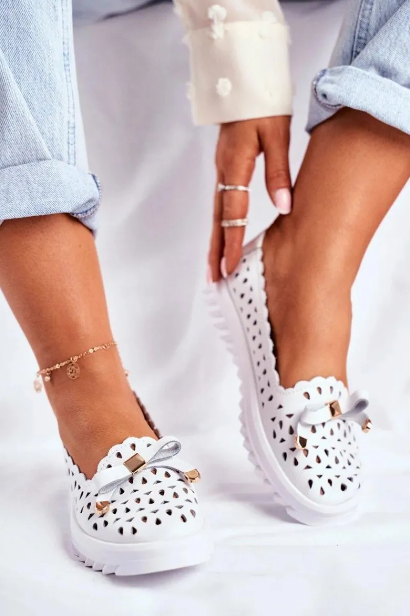 Hot Mokasyny Damskie Skórzane Ażurowe LR71515 Białe Murrieta Damskie Mokasyny Damskie Skórzane