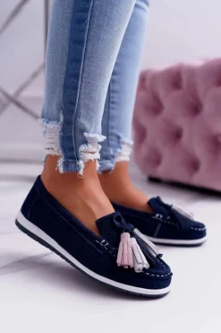 Clearance Boto Mokasyny Damskie Skórzane Zamszowe Z Frędzlami Granatowe Batist