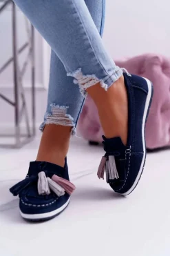 Clearance Boto Mokasyny Damskie Skórzane Zamszowe Z Frędzlami Granatowe Batist