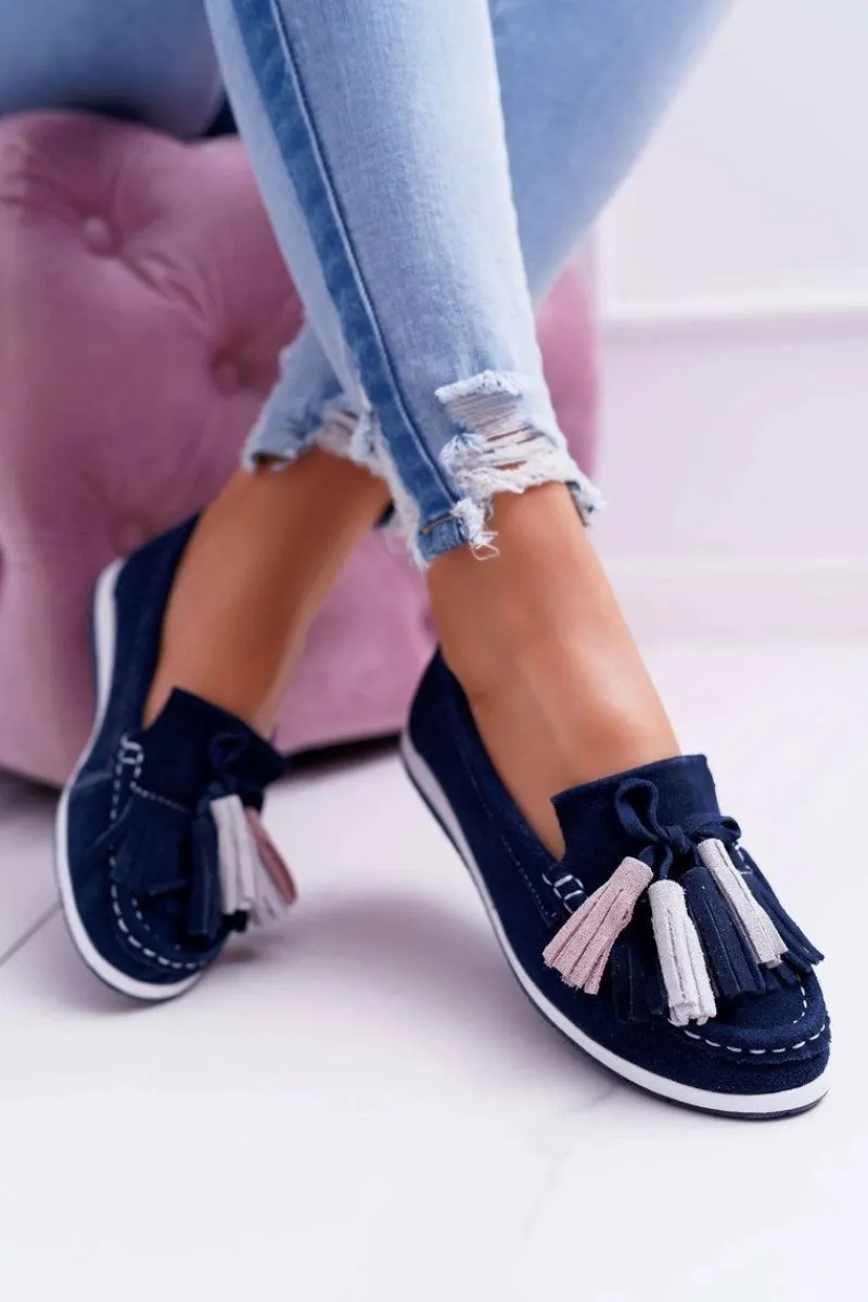 Clearance Boto Mokasyny Damskie Skórzane Zamszowe Z Frędzlami Granatowe Batist