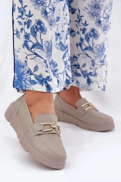 Mokasyny Damskie Skórzane Ze Złotym Detalem Vinceza 88007 Ciemnobeżowe Damskie Loafersy Damskie|Mokasyny Damskie Skórzane