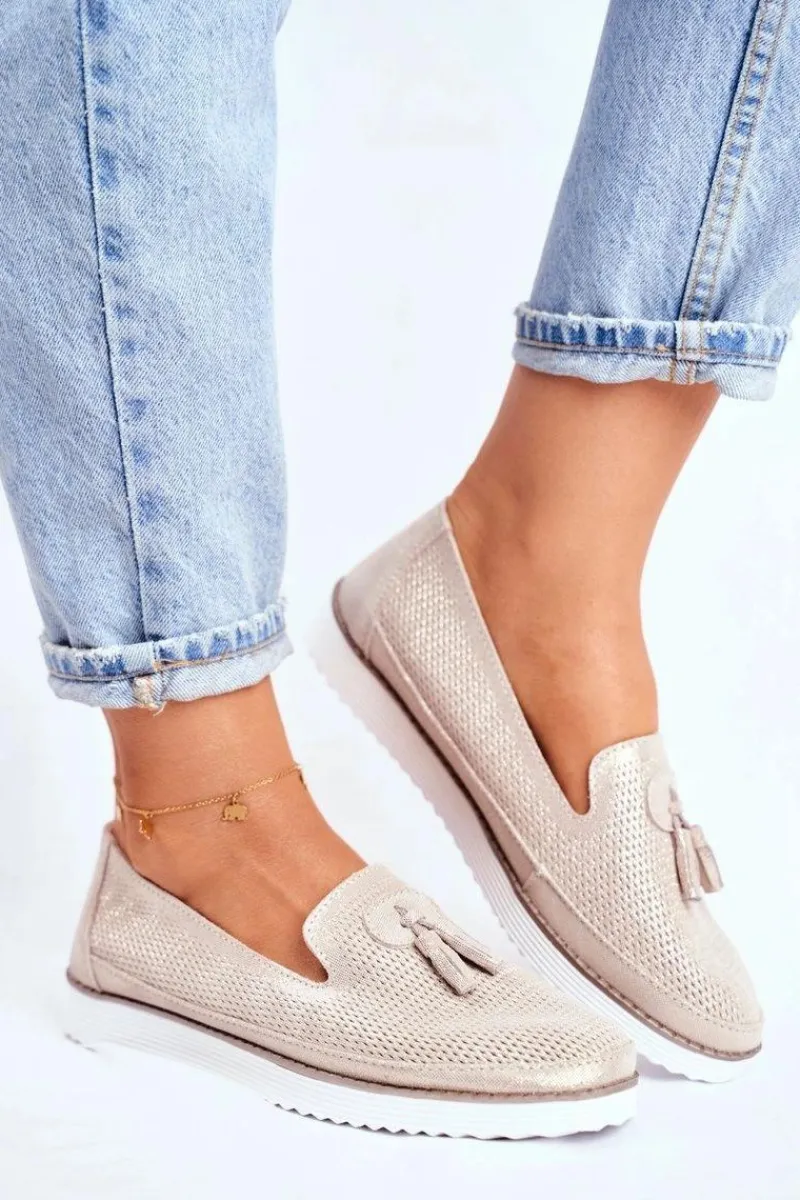 Discount Evento Mokasyny Damskie Skórzane Złote Amore Mio