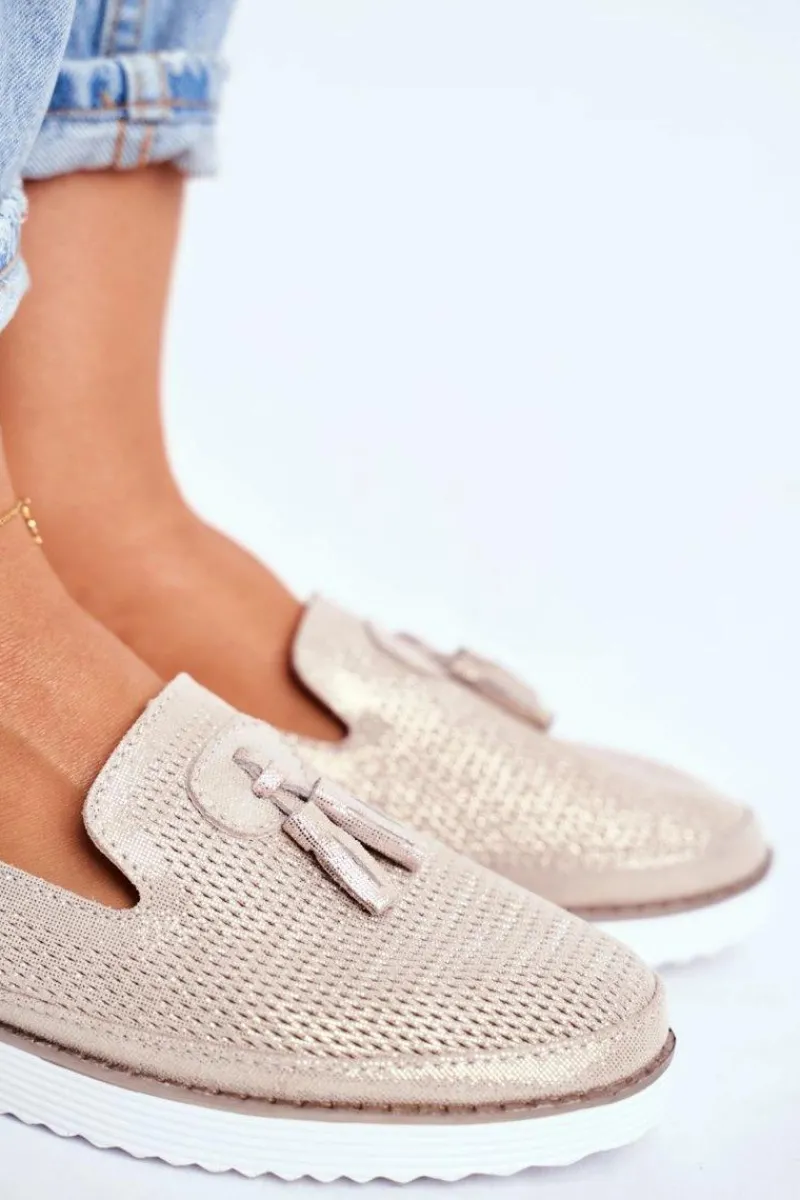 Discount Evento Mokasyny Damskie Skórzane Złote Amore Mio