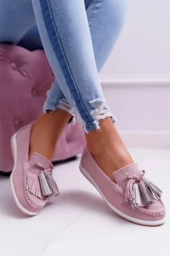 Best Mokasyny Damskie Skórzane Zamszowe Z Frędzlami Różowe Batist Damskie Mokasyny Damskie Zamszowe