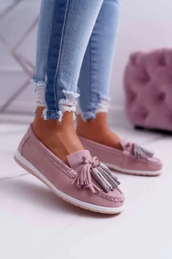 Best Mokasyny Damskie Skórzane Zamszowe Z Frędzlami Różowe Batist Damskie Mokasyny Damskie Zamszowe