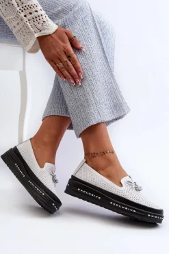 Sale Mokasyny Damskie Skórzane Na Platformie S.Barski LR400 Białe Damskie Loafersy Damskie|Mokasyny Damskie Skórzane