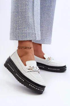 Best Damskie buty S.Barski Mokasyny Damskie Skórzane Na Platformie Z Łańcuchem S.Barski LR618 Białe Biały