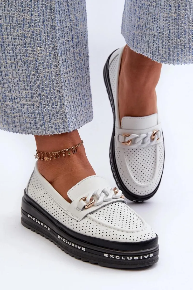 Best Damskie buty S.Barski Mokasyny Damskie Skórzane Na Platformie Z Łańcuchem S.Barski LR618 Białe Biały