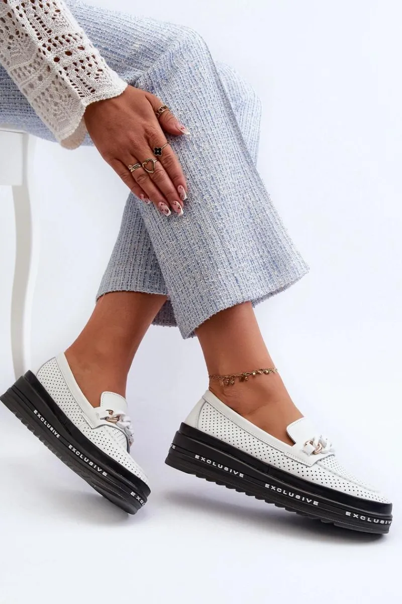 Best Damskie buty S.Barski Mokasyny Damskie Skórzane Na Platformie Z Łańcuchem S.Barski LR618 Białe Biały