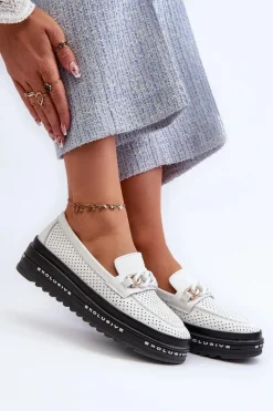 Best Damskie buty S.Barski Mokasyny Damskie Skórzane Na Platformie Z Łańcuchem S.Barski LR618 Białe Biały