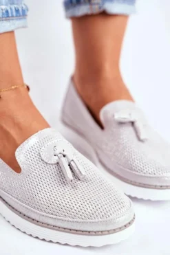 Sale Mokasyny Damskie Skórzane Srebrne Amore Mio Damskie Mokasyny Damskie Skórzane
