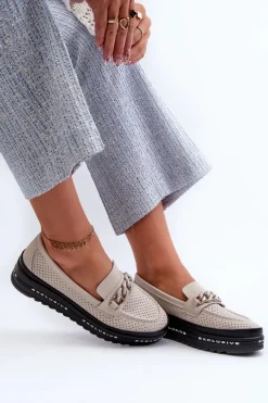 Loafersy Damskie|Mokasyny Damskie Skórzane>Damskie buty S.Barski Mokasyny Damskie Skórzane Na Platformie Z Łańcuchem S.Barski LR618 Beżowe Beżowy