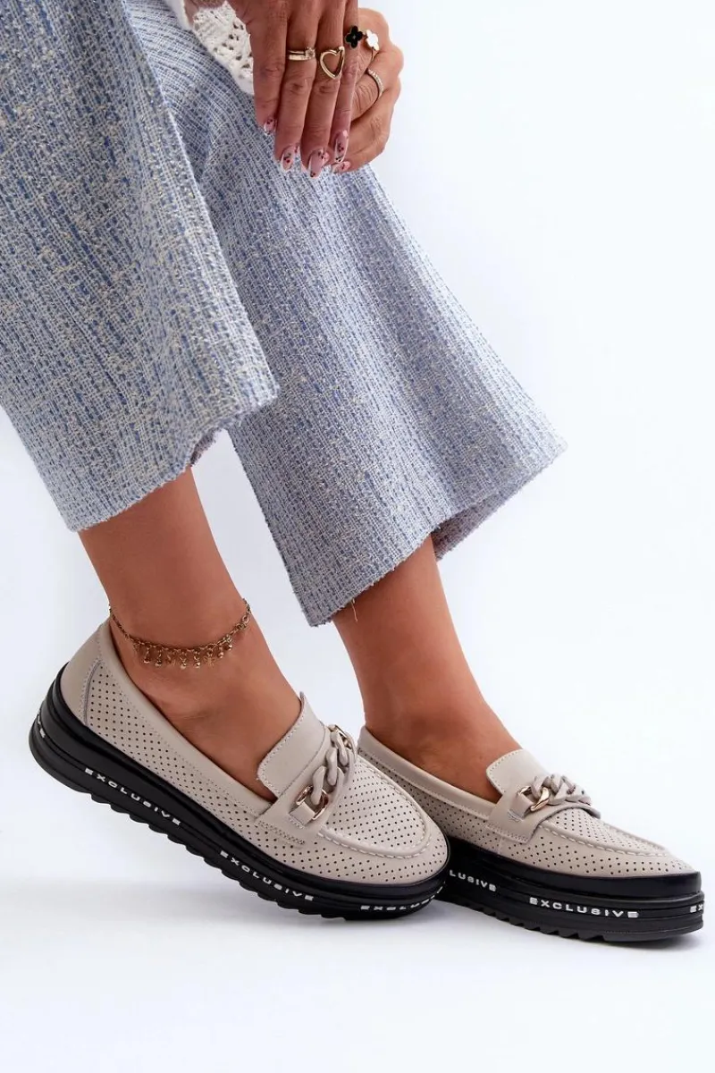 Loafersy Damskie|Mokasyny Damskie Skórzane>Damskie buty S.Barski Mokasyny Damskie Skórzane Na Platformie Z Łańcuchem S.Barski LR618 Beżowe Beżowy