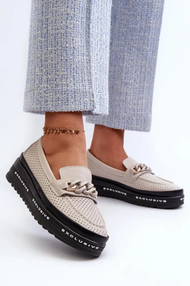 Loafersy Damskie|Mokasyny Damskie Skórzane>Damskie buty S.Barski Mokasyny Damskie Skórzane Na Platformie Z Łańcuchem S.Barski LR618 Beżowe Beżowy