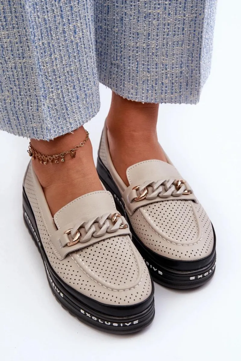 Loafersy Damskie|Mokasyny Damskie Skórzane>Damskie buty S.Barski Mokasyny Damskie Skórzane Na Platformie Z Łańcuchem S.Barski LR618 Beżowe Beżowy
