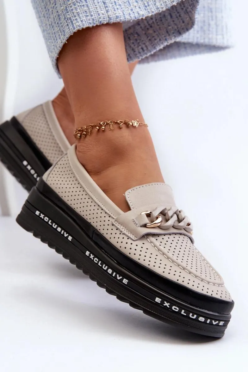 Loafersy Damskie|Mokasyny Damskie Skórzane>Damskie buty S.Barski Mokasyny Damskie Skórzane Na Platformie Z Łańcuchem S.Barski LR618 Beżowe Beżowy