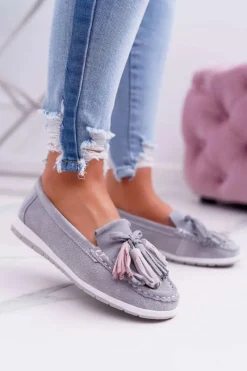 Mokasyny Damskie Zamszowe>Evento Mokasyny Damskie Skórzane Zamszowe Z Frędzlami Szare Batist