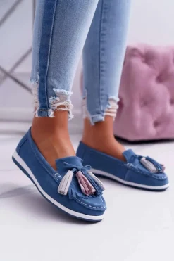 New Mokasyny Damskie Skórzane Zamszowe Z Frędzlami Niebieskie Batist Damskie Mokasyny Damskie Zamszowe