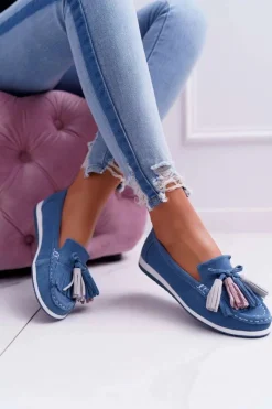 New Mokasyny Damskie Skórzane Zamszowe Z Frędzlami Niebieskie Batist Damskie Mokasyny Damskie Zamszowe