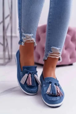New Mokasyny Damskie Skórzane Zamszowe Z Frędzlami Niebieskie Batist Damskie Mokasyny Damskie Zamszowe