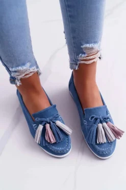 New Mokasyny Damskie Skórzane Zamszowe Z Frędzlami Niebieskie Batist Damskie Mokasyny Damskie Zamszowe