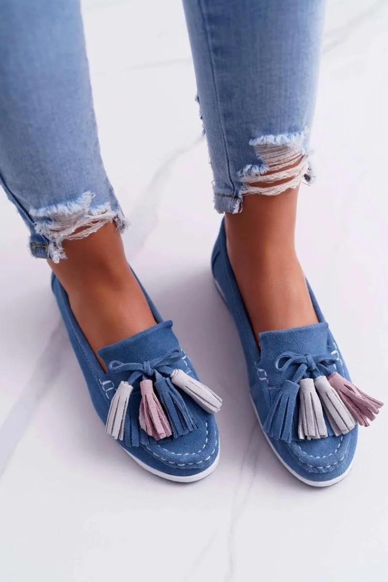 New Mokasyny Damskie Skórzane Zamszowe Z Frędzlami Niebieskie Batist Damskie Mokasyny Damskie Zamszowe