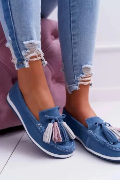 New Mokasyny Damskie Skórzane Zamszowe Z Frędzlami Niebieskie Batist Damskie Mokasyny Damskie Zamszowe