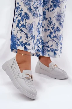 Loafersy Damskie|Mokasyny Damskie Skórzane>Buty damskie Vinceza Mokasyny Damskie Skórzane Ze Złotym Detalem Vinceza 88007 Jasnoszare Biały