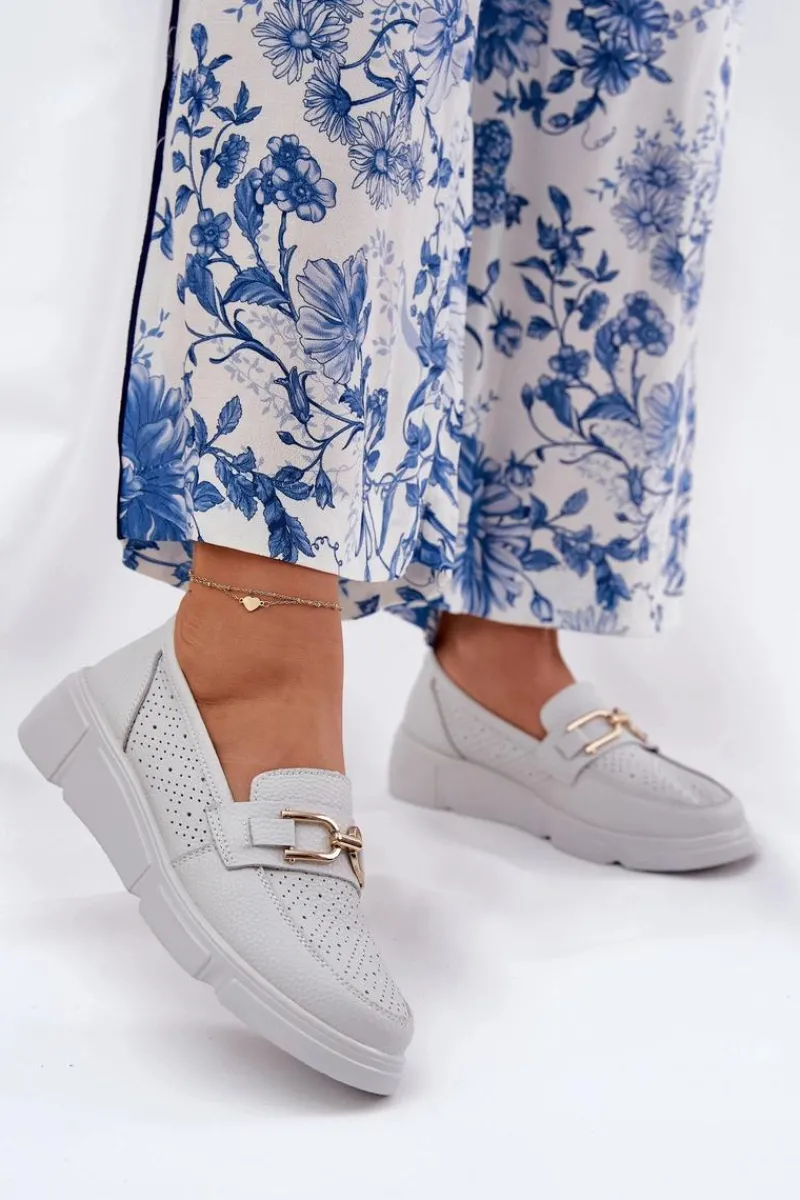 Loafersy Damskie|Mokasyny Damskie Skórzane>Buty damskie Vinceza Mokasyny Damskie Skórzane Ze Złotym Detalem Vinceza 88007 Jasnoszare Biały