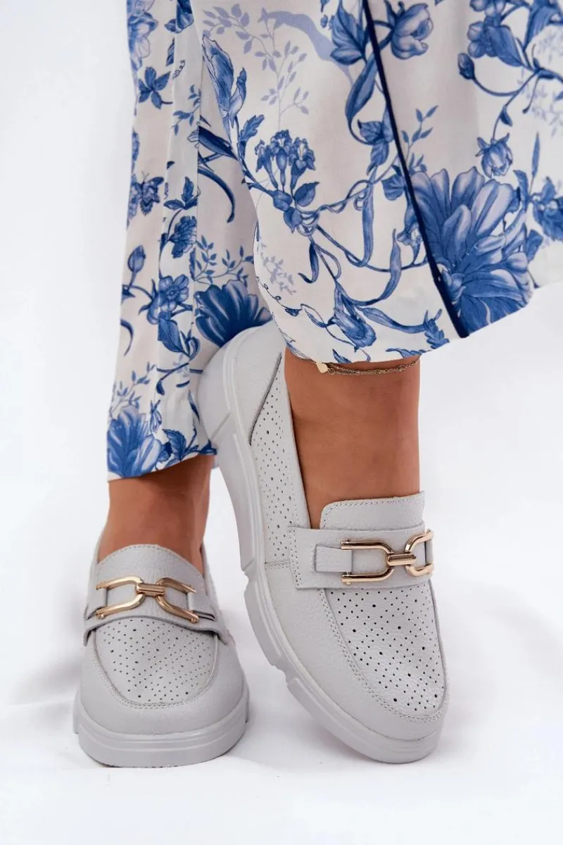 Loafersy Damskie|Mokasyny Damskie Skórzane>Buty damskie Vinceza Mokasyny Damskie Skórzane Ze Złotym Detalem Vinceza 88007 Jasnoszare Biały