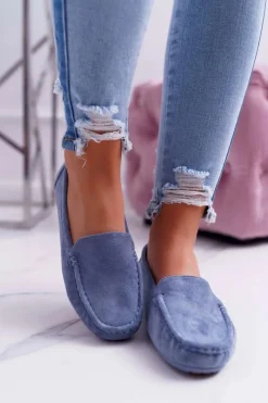 Online Boto Mokasyny Damskie Wygodne Eko-zamsz Niebieskie Lemma
