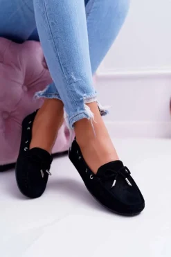 Clearance Mokasyny Damskie Wygodne Eko-zamsz Czarne Memfi Damskie Mokasyny Damskie Zamszowe