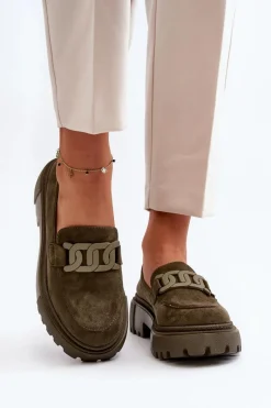 Mokasyny Na Platformie|Mokasyny Damskie Zamszowe></noscript>Boto Mokasyny Damskie Z Łańcuchem Ciemnozielone Mevre