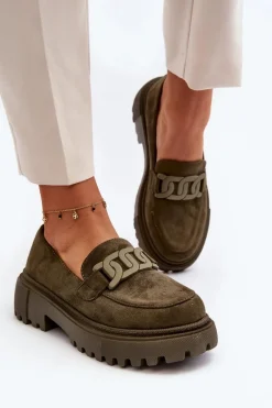 Mokasyny Na Platformie|Mokasyny Damskie Zamszowe></noscript>Boto Mokasyny Damskie Z Łańcuchem Ciemnozielone Mevre