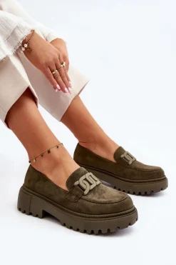 Mokasyny Na Platformie|Mokasyny Damskie Zamszowe></noscript>Boto Mokasyny Damskie Z Łańcuchem Ciemnozielone Mevre