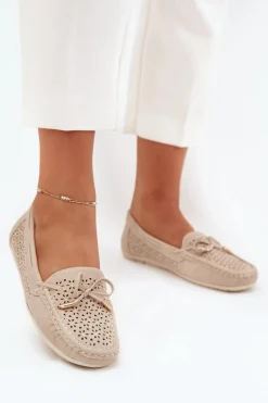 Hot Boto Mokasyny Damskie Z Ażurowym Wzorem I Wiązaniem Beżowe Mirisa Beżowy