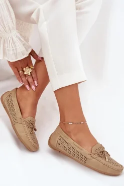 Discount Boto Mokasyny Damskie Z Ażurowym Wzorem I Wiązaniem Khaki Mirisa Beżowy