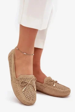 Discount Boto Mokasyny Damskie Z Ażurowym Wzorem I Wiązaniem Khaki Mirisa Beżowy