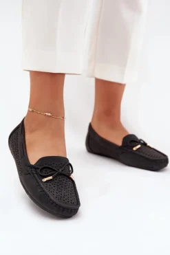 Outlet Mokasyny Damskie Z Ażurowym Wzorem I Wiązaniem Czarne Mirisa Damskie Loafersy Damskie|Mokasyny Damskie Skórzane