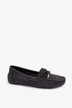 Outlet Mokasyny Damskie Z Ażurowym Wzorem I Wiązaniem Czarne Mirisa Damskie Loafersy Damskie|Mokasyny Damskie Skórzane