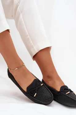 Outlet Mokasyny Damskie Z Ażurowym Wzorem I Wiązaniem Czarne Mirisa Damskie Loafersy Damskie|Mokasyny Damskie Skórzane