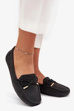 Outlet Mokasyny Damskie Z Ażurowym Wzorem I Wiązaniem Czarne Mirisa Damskie Loafersy Damskie|Mokasyny Damskie Skórzane