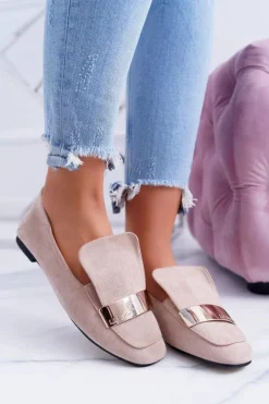 New Mokasyny Damskie Z Blaszką Złote Lordsy Beż Lu Boo Harlem Damskie Mokasyny Damskie Zamszowe